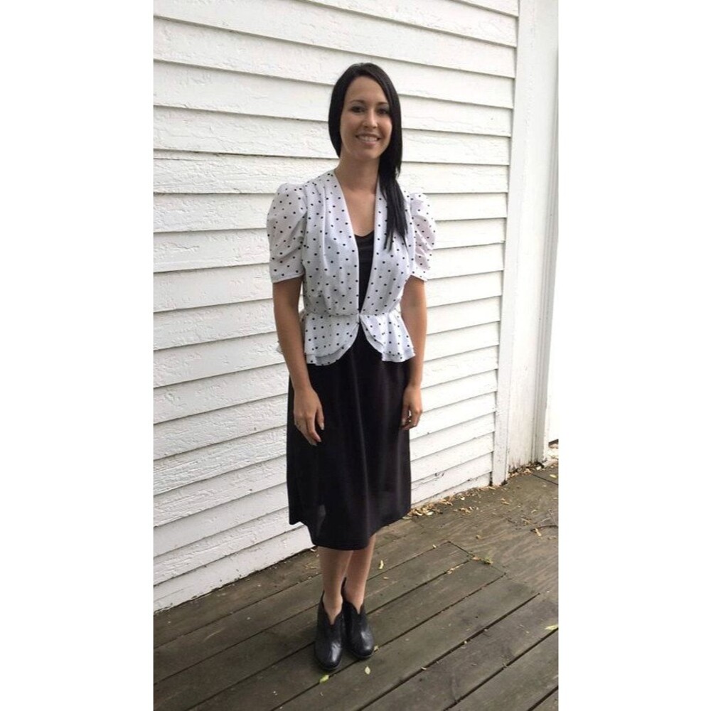 80s Polka Dot Peplum Dress Black White Sheer XS S - Picture 8 of 10